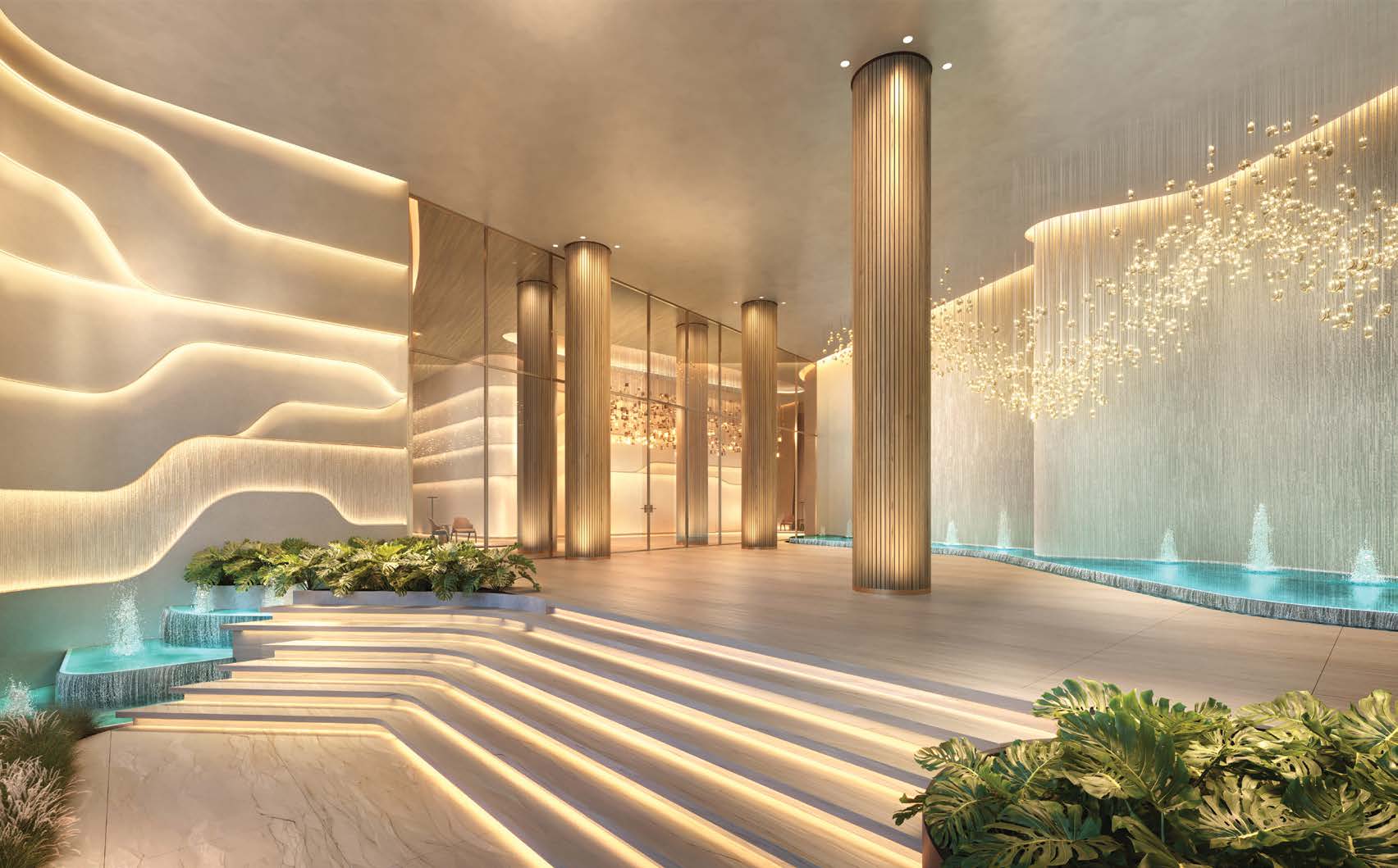 The Lobby do EPIC Jardim Europa com colunas em madeira e espelho d'água